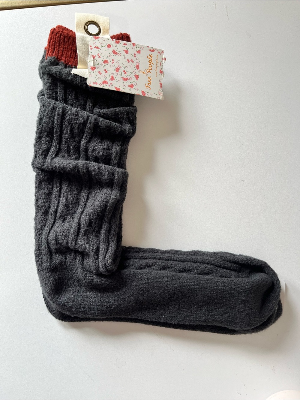 NWT Free People Charcoal Cable-Knit Socks with Rust Top